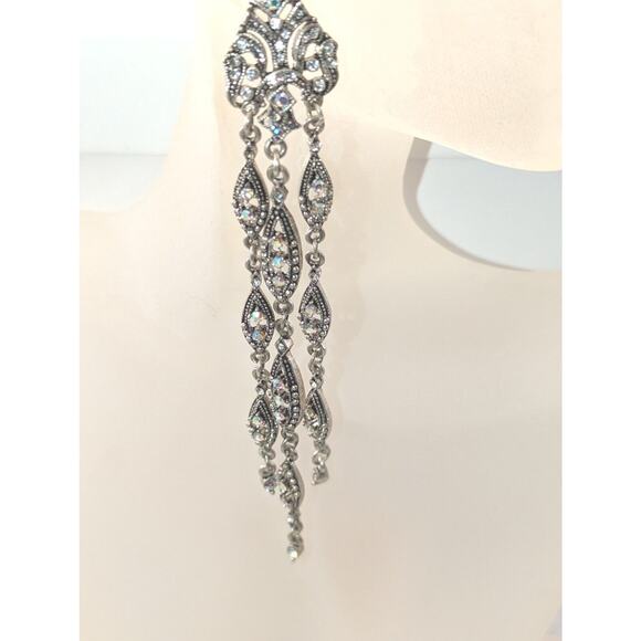 Long Duster Earings 5"Aurora Borealis Crystal Marquesite Post Earrings Vintage - Picture 6 of 9